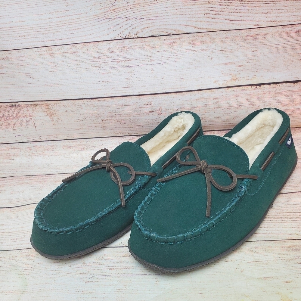 New Vineyard Vines Mens 12M Green Suede Leather Shearling Lined Moc Slippers